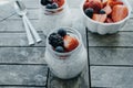 Pudding with chia seeds, yogurt and fresh fruits: Strawberries, Royalty Free Stock Photo