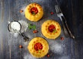 Pudding from cottage cheese with sea-buckthorn berries and powdered sugar Royalty Free Stock Photo