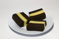 Pudding-covered sponge cake or chocolate-covered sponge cake. Selective focus. Royalty Free Stock Photo