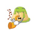 Pudding green tea cartoon character design playing a trumpet