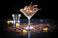 pudding in a martini glass, chocolate shavings on top