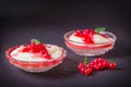 Pudding from semolina in a glass bowl with red currant syrup and berries. On a dark background Royalty Free Stock Photo