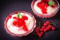 Pudding from semolina in a glass bowl with red currant syrup and berries. On a dark background Royalty Free Stock Photo