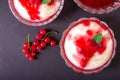 Pudding from semolina in a glass bowl with red currant syrup and berries. On a dark background Royalty Free Stock Photo