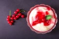 Pudding from semolina in a glass bowl with red currant syrup and berries. On a dark background Royalty Free Stock Photo