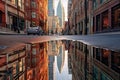 puddle distorting reflection of city buildings Royalty Free Stock Photo