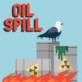 Puddle of oil slick spill. Oil spill with seagull. Ecological problems environmental