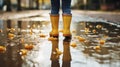 Puddle Play. Little Feet in Bright Yellow Boots. Generative AI