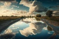 puddle with reflection of sky and clouds in a peaceful, tranquil setting