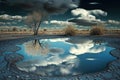 puddle with reflection of sky and clouds in a peaceful, tranquil setting