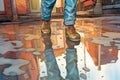 puddle reflections of gaslights, distorted by passing feet Royalty Free Stock Photo