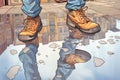 puddle reflections of gaslights, distorted by passing feet Royalty Free Stock Photo