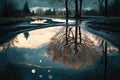 puddle with reflections of the sky and trees during a rainstorm