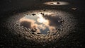 The puddle s edges. The warm tones of the reflected clouds create a Royalty Free Stock Photo