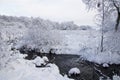 Puddle in snowy landscape in December