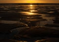 Puddles on the beach at sunset