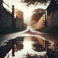 Puddles fill an empty country lane, as rain creates ripples in the water