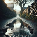 Puddles fill an empty country lane, as rain creates ripples in the water