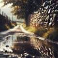 Puddles fill an empty country lane, as rain creates ripples in the water