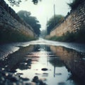 Puddles fill an empty country lane, as rain creates ripples in the water