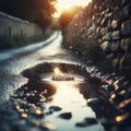 Puddles fill an empty country lane, as rain creates ripples in the water