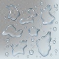 Puddles realistic. Top view liquid drops and puddle splashes wet environment illustrations set