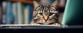 Pudgy cat manages office tasks from behind the computer screen. Concept Cute Pets, Working from