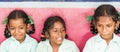 Happy funny children friends girls classmates smiling laughing at the school. Banner, panoramic size Royalty Free Stock Photo