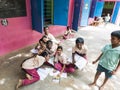 Group of happy funny children friends classmates smiling doing victory peace sign gesture with fingers at the school. School kids Royalty Free Stock Photo