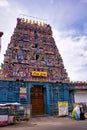 Puducherry / Pondicherry, India - October 30, 2018: An Indian colorful temple named Vedapureeswarar Temple exterior displaying