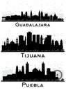 Puebla, Tijuana and Guadalajara Mexico City Skyline Silhouette Set