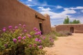 pueblo adobe walls enclosing a desert garden