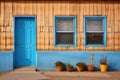 pueblo house details: wooden door, vibrant blue window frames Royalty Free Stock Photo