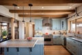 pueblo kitchen with rustic wooden ceiling beams