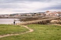 Puen of the island of San SadurniÃÂ±o and view of Cambados, Rias Bajas, Pontevedra, Galicia, Spain