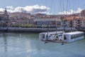 Biscay suspension bridge on the background of the city