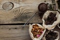 Puerh, fruit and black tea on wooden table Royalty Free Stock Photo