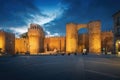 Puerta del Alcazar Gate and Torre del Homenage (Keep) of Medieval Walls of Avila at night - Avila, Spain Royalty Free Stock Photo