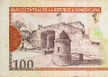 Puerta Del Conde building depicted on old one hundred peso note Dominican republic money