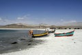 Puerto Culebras, Ancash, Fishermen sail close to the coast at the seaside of Huarmey Ancash, Peru