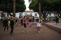 Group Zumba fitness dance class in the public city park Parque Plaza Del Charco