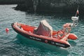 Puerto de la Cruz, Tenerife, Spain - July 01, 2023: Red Cross rescue boat in the port.