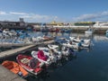 Puerto de Mogan, Gran Canaria, Canary Islands, Spain December 18, 2020: Marina with fishing boats and ships at small Royalty Free Stock Photo