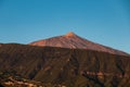 Puerto der la Cruz - Panoramic view on the peak of volcano Pico del Teide during sunrise seen from the port of Puerto de la Cruz Royalty Free Stock Photo