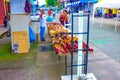 Puerto Limon, Costa Rica - December 8, 2019: Ethnic leather shoes in street market