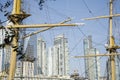 Puerto Madero, buildings seen through the masts and ropes of Sarmiento Frigate Royalty Free Stock Photo