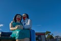 PUERTO MONTT, CHILE - NOVEMBER 04, 2019: Statues of Couple sitting in front of the sea - Puerto Montt - Chile