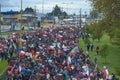 Puerto Montt, Chile; Oct 25, 2019: Protesters with Chilean flag at Puerto Montt city. Social Protests