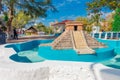 Puerto Morelos, Mexico - January 10, 2018: Beautiful outdoor view of stoned empty fountain of pyramid of yucatan in the