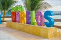 Puerto Morelos, Mexico - January 10, 2018: Outdoor view of a huge letters of puerto morelos in the park in Puerto